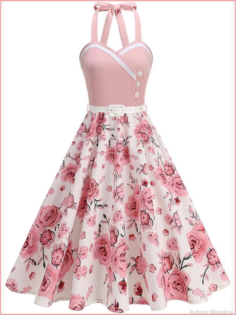 Vintage Halter Swing Cocktail Dress With Belt